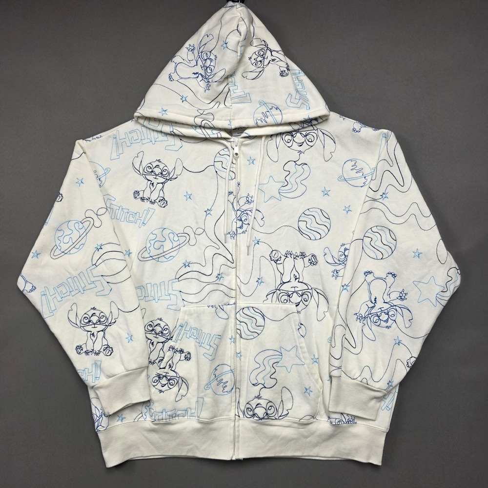 Disney Zip Up Hoodie Women's Stitch All Over Print Cream XXL